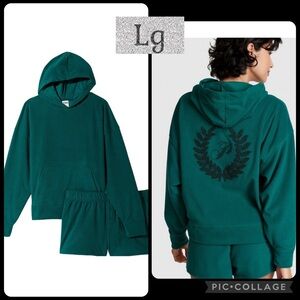PINK by VS polar fleece short and hoodie pajama set green logo on back sz lg